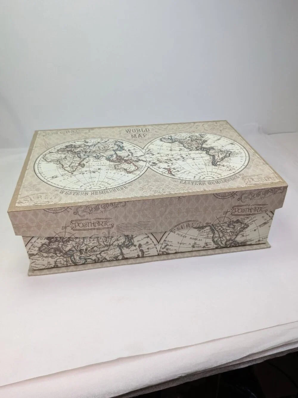 Vintage World Map Storage Box Antique Globe Keepsake Enchante Travel Tan
